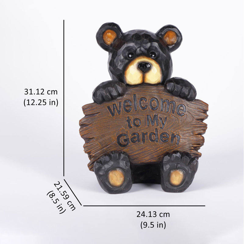 Black Polyresin Bear Cub Garden Statue with Welcome Sign
