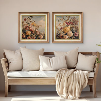 Vintage Botanical Chrysanthemum Garden Floral Wall Decor Framed Master Bedroom Wall Art Work 2 Pieces Print
