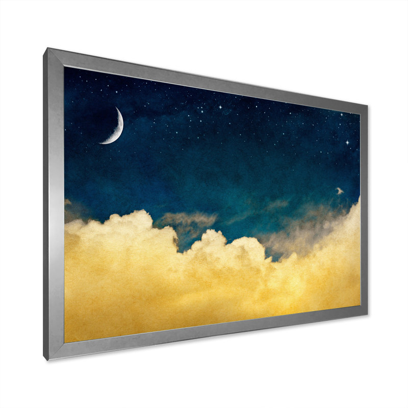 Nuage jaune sur un ciel bleu foncé - peinture sur toile, H 34 po x l 44 po, Cadre photo argenté