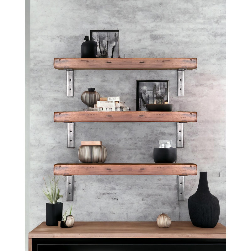 3 Piece Pine Bracket Shelf with Reclaimed Wood, 7.25" H x 24." W x6" D