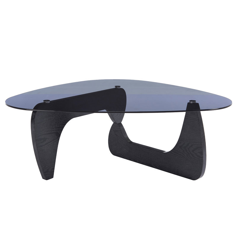 16.5'' H Modern Triangle Glass Coffee Table with Solid Wood Base, Gray, Black