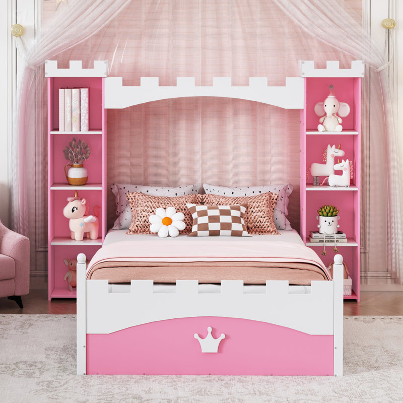 Lit plateforme en bois de style château avec tablette de rangement, lit simple Dreamy, Rose/Blanc