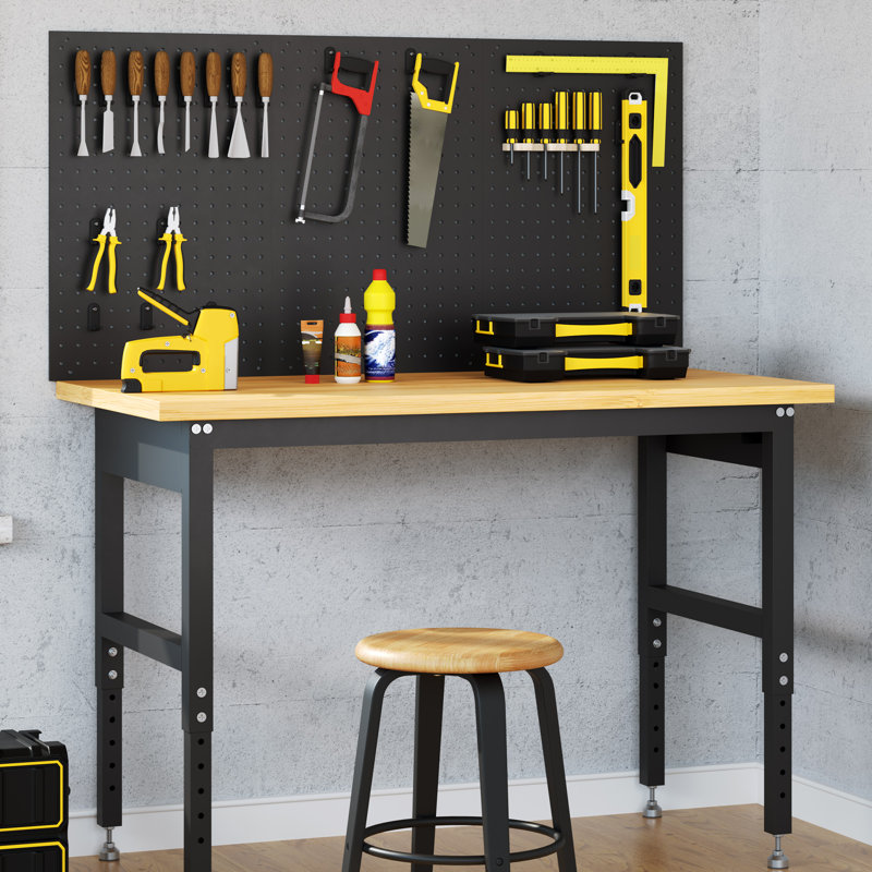 Établi réglable à 2 niveaux avec panneau perforé et prises de courant, table de travail pour le garage