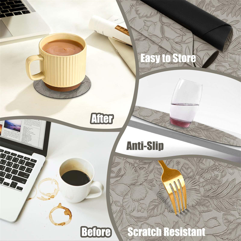 Azevedo Faux Leather Placemat And Coaster Set, Grey