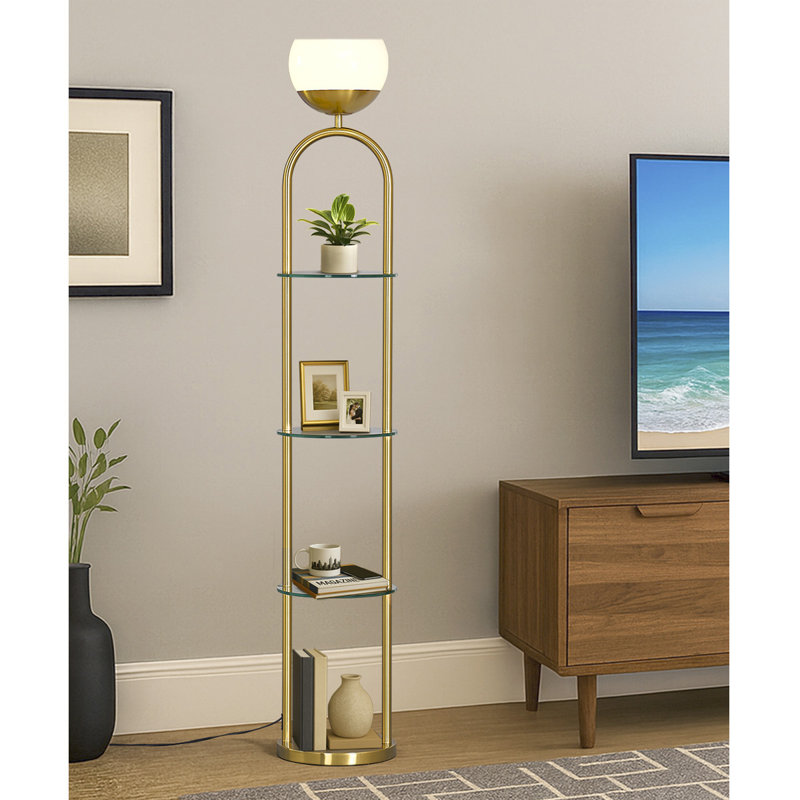 Lampe torchère sur pied à 4 niveaux 72 "avec 3 tablettes en verre - laiton brossé avec abat-jour en verre blanc Metro, Blanc