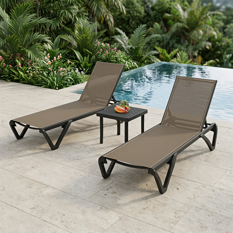 Ensemble 2 pièces de chaises et de tables, chaise longue d'extérieur réglable à 5 positions avec roues et conception empilable