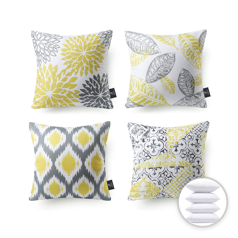 Yellow and Gray Geometric Polyester Square Throw Pillow Set