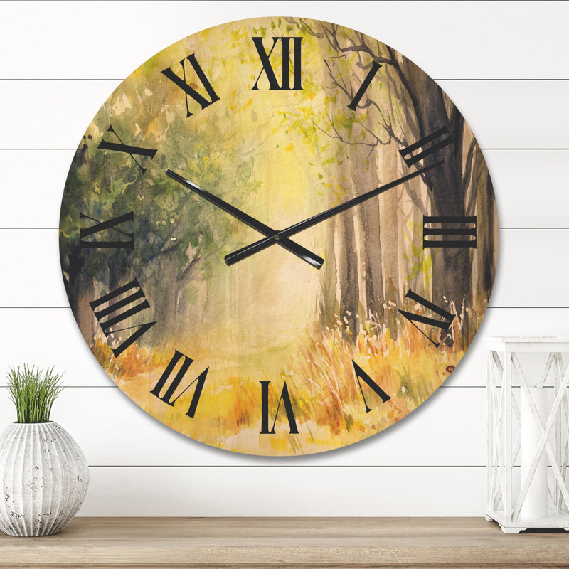 Horloge murale en bois Bright Sunshine Through the Forest Trees IV, Moyen