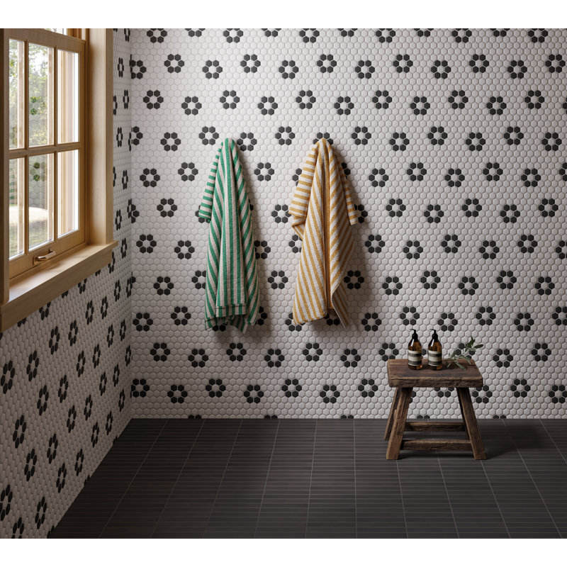 Le Cafe Hex 1" x 1" Porcelain Deco Mosaic Tile in Black/White