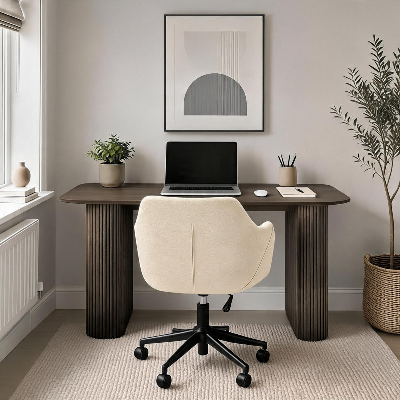 Monroe 2 Piece Computer Desk Office Set with Chair, Walnut with Ivory Chair