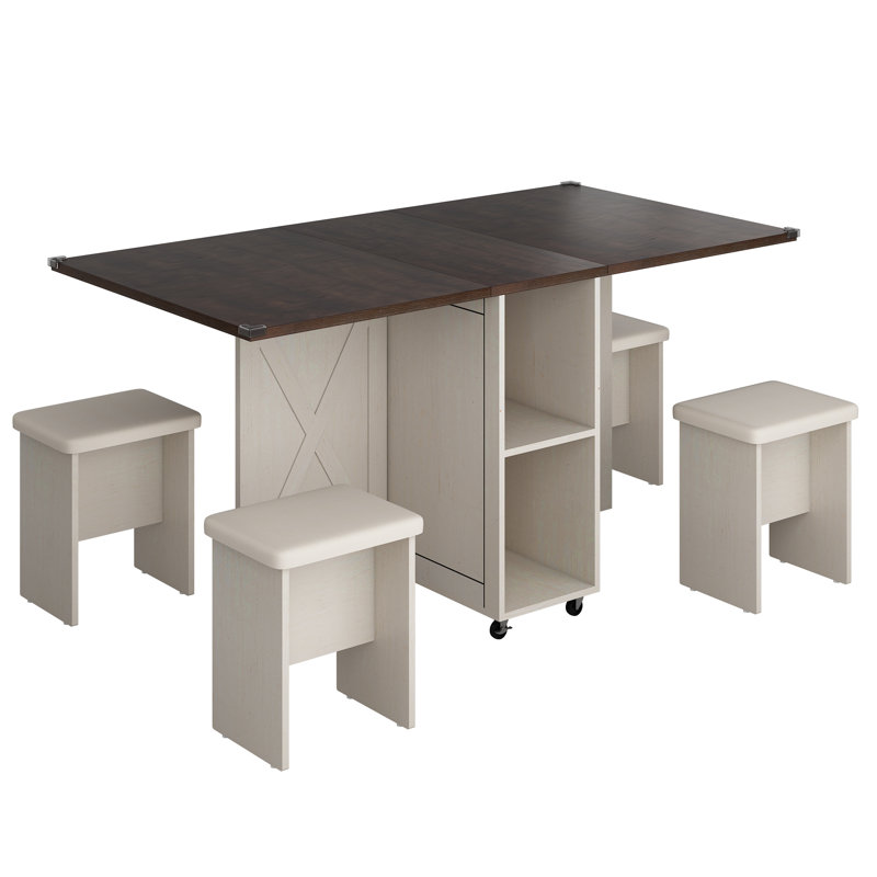 5 PCS Farmhouse Folding Dining Table Set for 4, 60'' Drop Leaf Table Set with 4 Leather Chairs, 2-Layer Storage Shelf, 6 Wheels, Barn Door Design, Space Saving Foldable Kitchen Table for Small Spaces