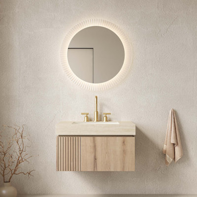 Meuble-lavabo de salle de bain, armoire de rangement en contreplaqué flottant avec plateau en pierre frittée et lavabo en céramique avec 3 trous de robinet pré-percés