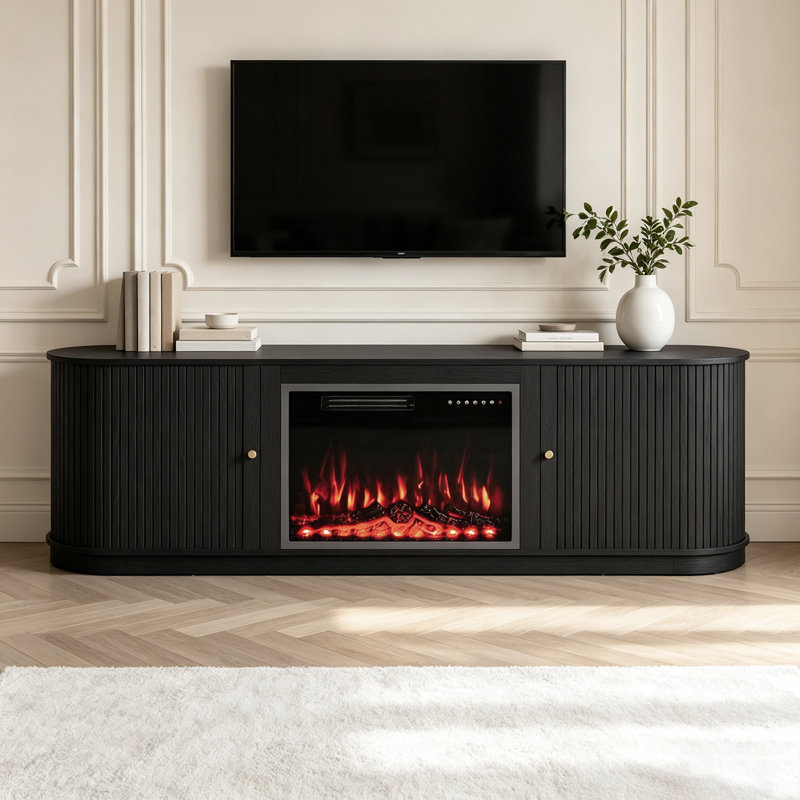 Meuble télé avec foyer Mid-Century, Noir