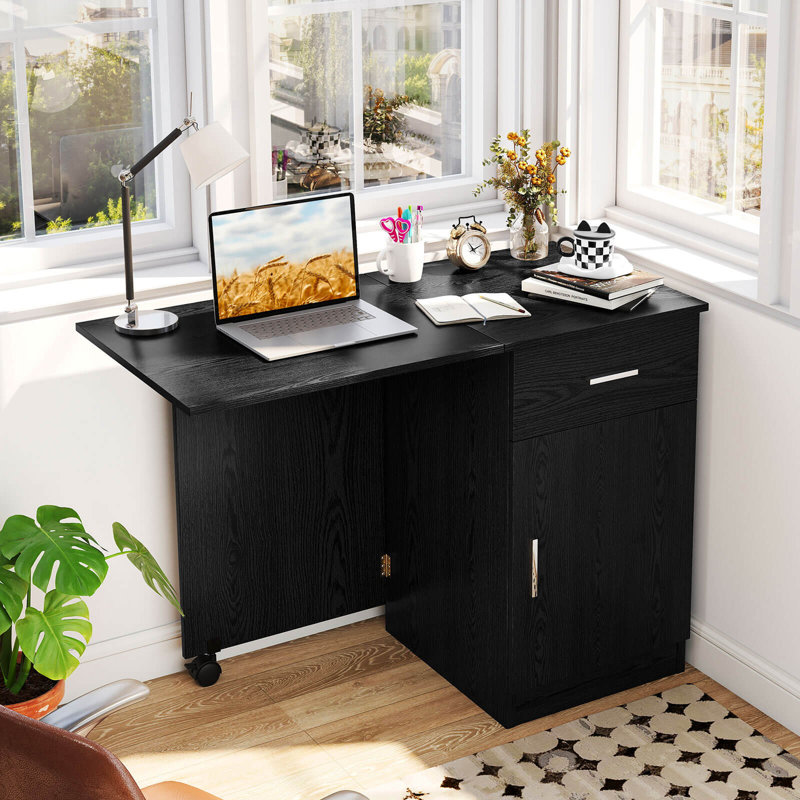 Bureau d'ordinateur pliant avec armoire à tiroirs et roulette réglable pour le salon, Noir