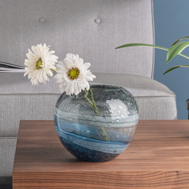 Manzer Handcrafted Glass Abstract Table Vase, 6.75" H x 7.5" W x 7.5" D, Blue
