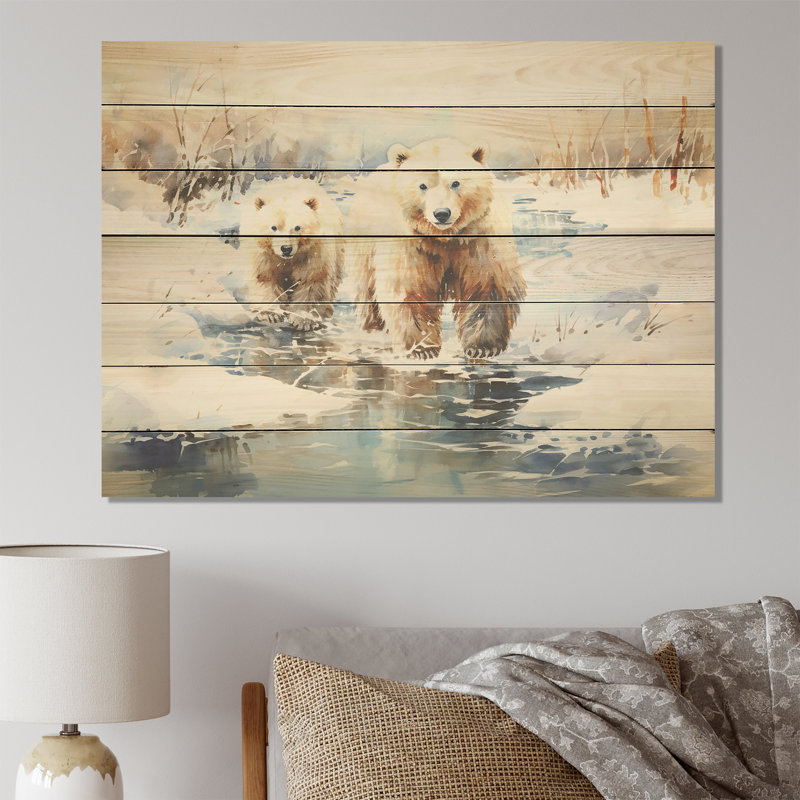 Ours polaires des neiges en hiver I - reproduction d'ours sur bois, H 24 po x l 32 po