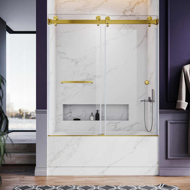 UKD01 56 to 60 in. x 66 in. H Frameless Double Sliding Shower Door with 3/8 in. (10mm) Clear Glass, Satin Brass