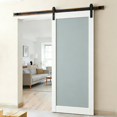 Porte de grange en verre préfinie blanche 1 Lite 36 po x 80 po modèle 1G01 avec quincaillerie de porte de grange 78 po