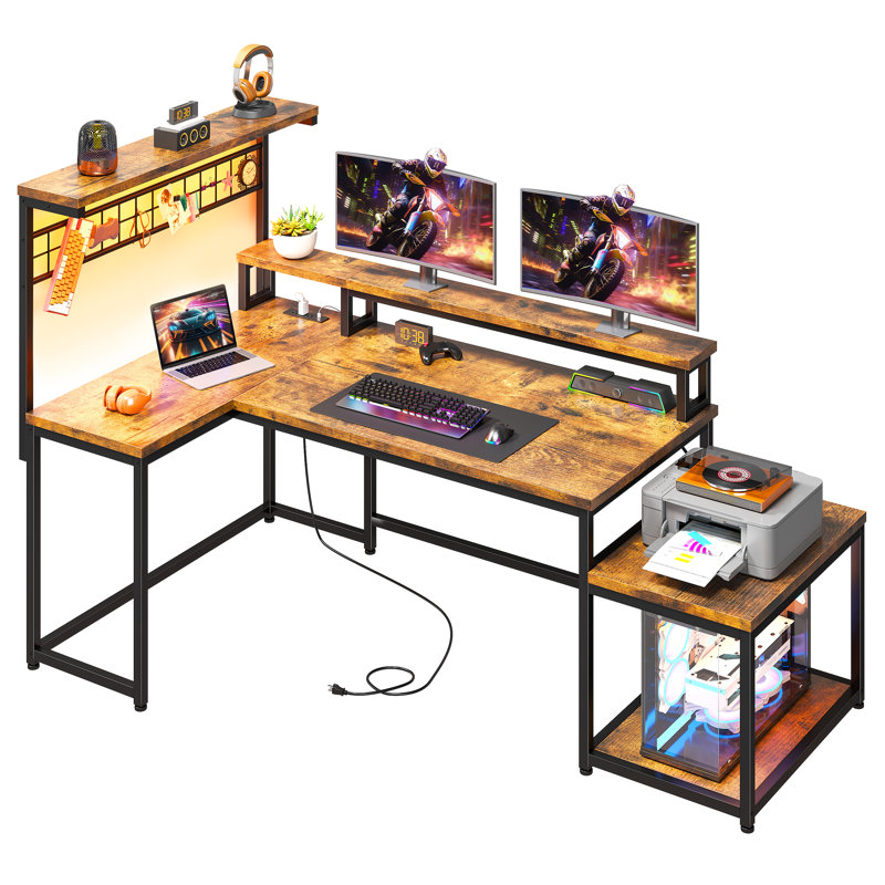 Bureau d'ordinateur en L réversible avec prise de courant et long support pour écran, lumières à DEL et tablettes de rangement