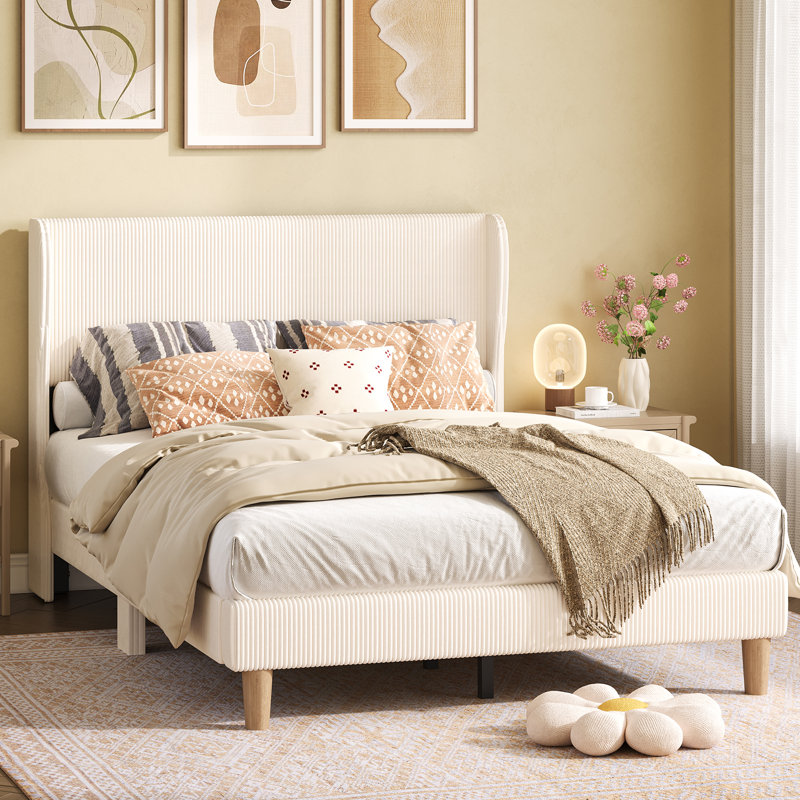 Full Size Velvet Upholstered Platform Bed Frame with Channel Tufted Wingback Headboard — No Box Spring Needed, Space-Saving Design for Small Bedrooms & Apartments