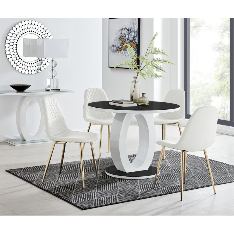 Ensemble de table de salle à manger 4 places Scottsmoor, Noir, Blanc / doré, H 29,5 po x L 47,2 po x l 47,2 po