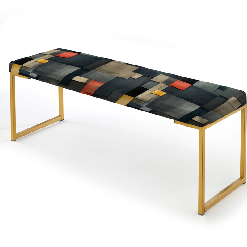 Striped Upholstered Gold Bench, Urban Concrete Grey Geometric Pattern