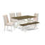 Ensemble de table de salle à manger 6 pièces moderne comprenant une table rectangulaire en bois avec pieds en X et 4 chaises Parson en tissu bleu avec banc, finition noire brossée-54465701-54465696-54465697