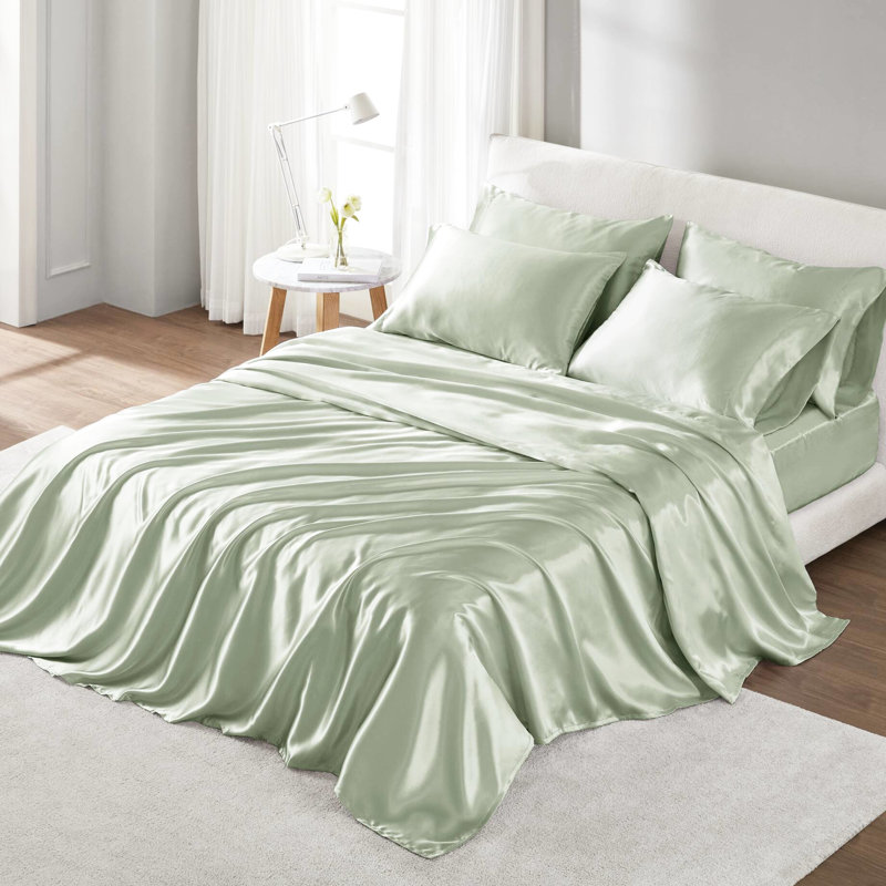 Ensemble de draps 4 pièces en satin de couleur sauge - Luxe, froissé, texture lisse, comprend des draps et des taies d'oreiller plats et ajustés