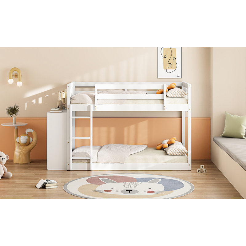 Lit superposé simple en bois massif blanc avec 4 tiroirs et 3 tablettes pour un rangement soigné, Lit simple, Blanc