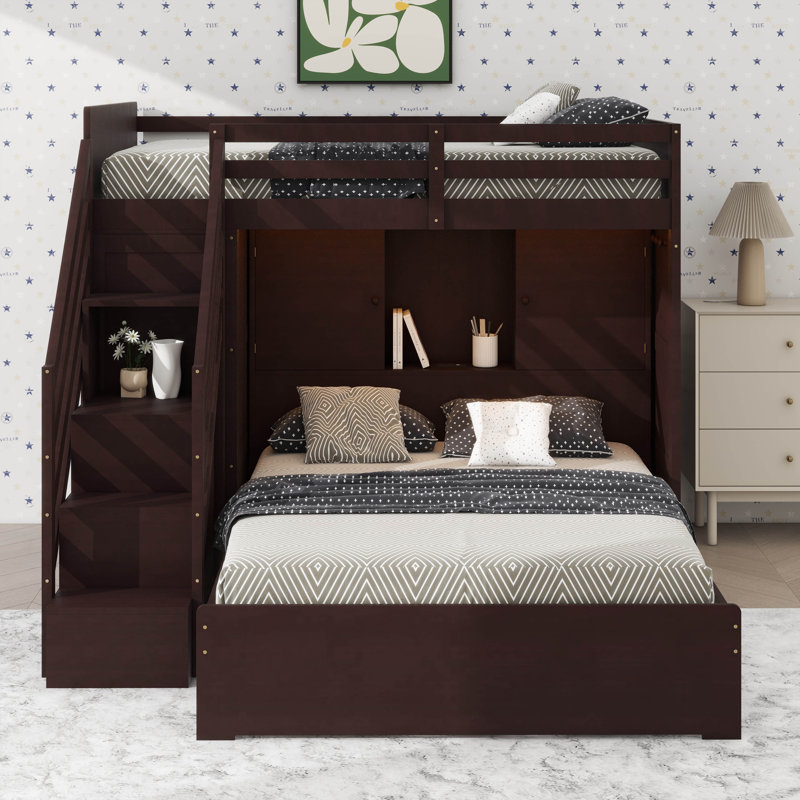 Twin-Over-Full Bunk Bed Featuring Storage Steps, Built-In Wardrobe, USB Ports & Lighting, Espresso