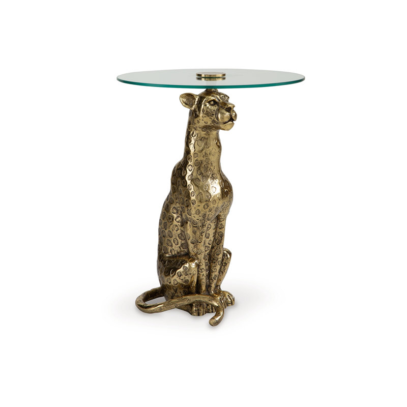 Table d'appoint, design léopard en métal doré, plateau rond en verre de 18 pouces