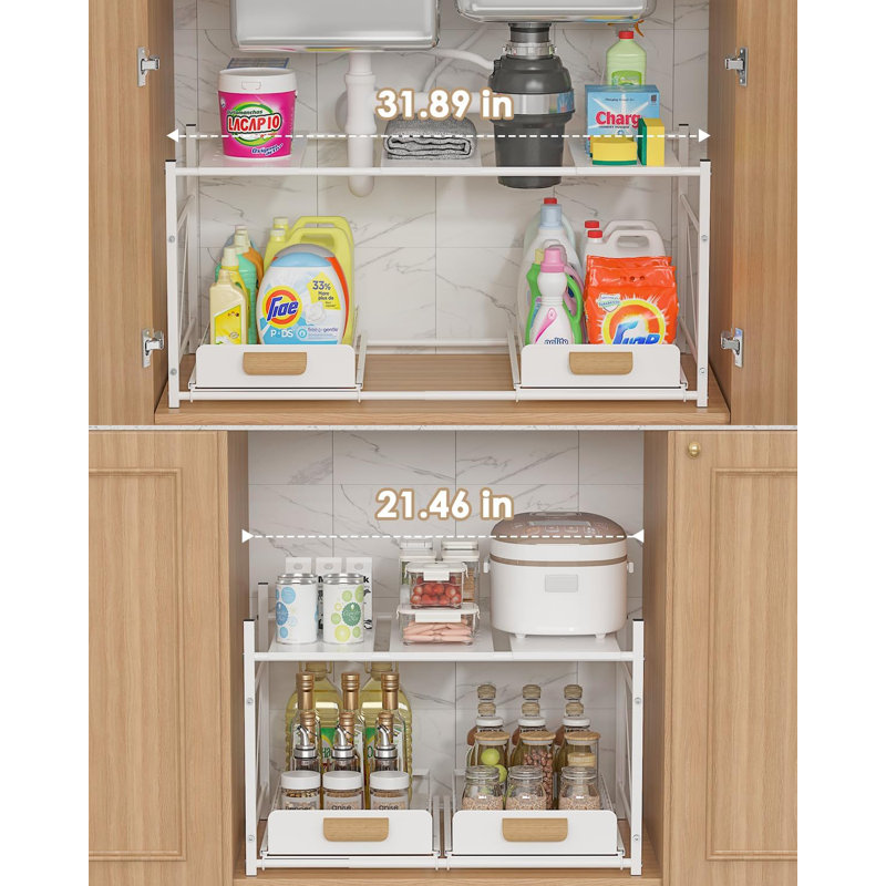 Organisateur extensible sous l'évier, tablette d'armoire réglable à 2 niveaux avec design rétractable pour le rangement de la cuisine et de la salle de bain
