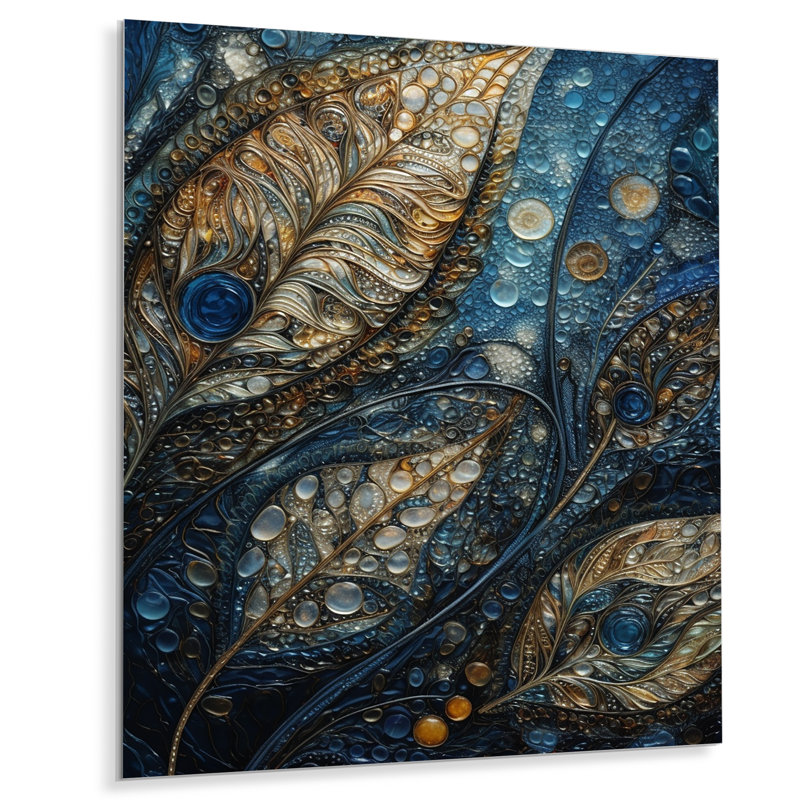 Mélodie bleue et dorée de Boho III sur impression métallique, H 32 po x l 24 po x P 1 po