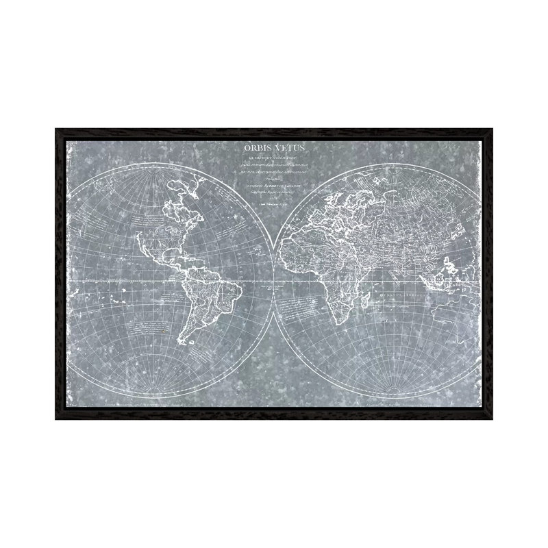 Galvanized World Map - Print on Canvas, 45.72cm H x 66.04cm W x 3.81cm D, Black Framed