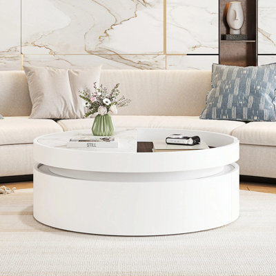 Table basse ronde à plateau relevable avec rangement dissimulé et tiroir