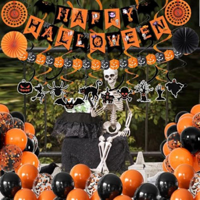 Happy Halloween Trick Or Treat Banner Paper Fan Balloons & Swirl Streamers Goul Bat Cat Bird Ghost Pumpkin Lantern For Party Decorations
