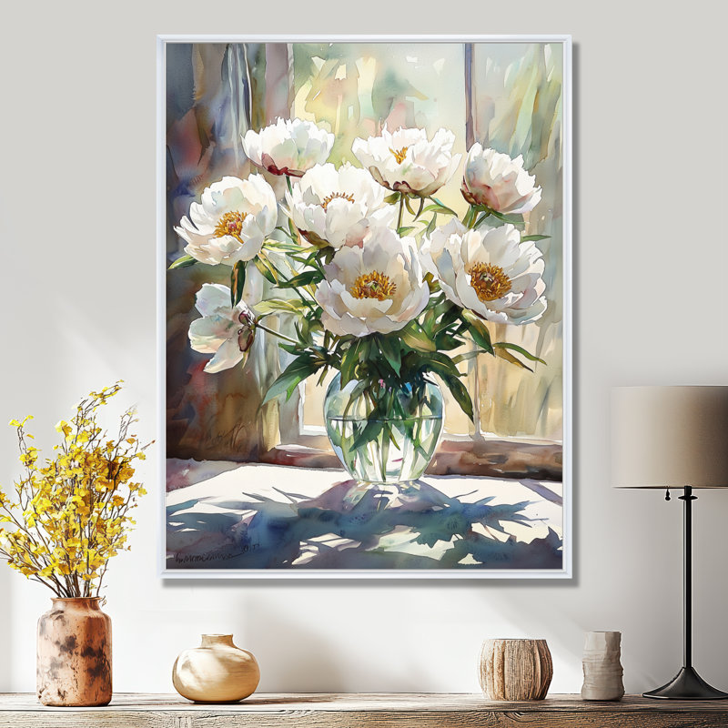 Pivoines et ombres géométriques II - décorations murales pivoines, Reproduction avec cadre flottant, H 44 po x l 34 po, Blanc