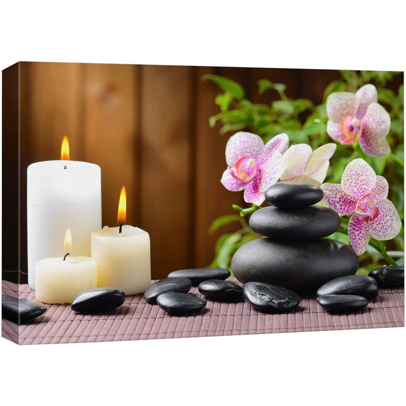 Motif zen pierres orchidées roses, massage zen, bougies blanches, nature sauvage sur toile, H 24 po x l 36 po x P 1,5 po