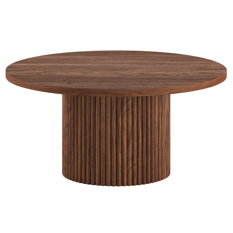 Rollan 32" Wide Round Fluted Coffee Table in Satin Walnut, Satin Walnut