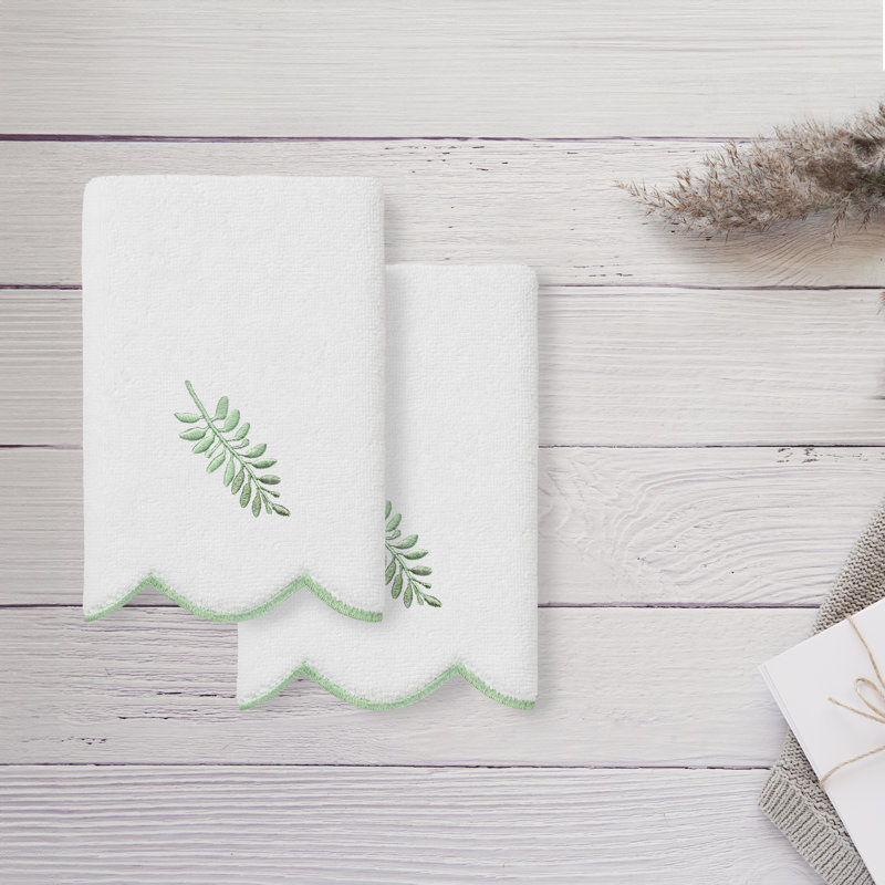  100% Turkish Cotton FERN TOSS Scallop 2PC Embellished Fingertip Towel Set, White/Green, Fingertip Towel - 2 Pack