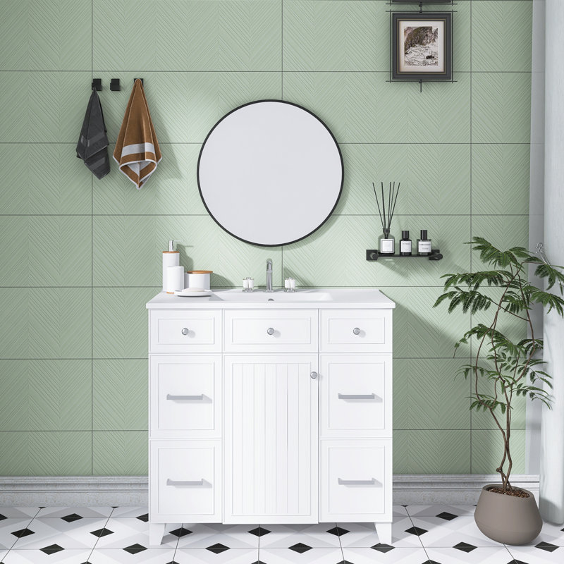 36 pouces Meuble-lavabo blanc avec lavabo en céramique | Structure en bois massif | Portes à fermeture en douceur | Tablettes réglables | 3 tiroirs | Comprend un tiroir à double profondeur pour le rangement du sèche-cheveux
