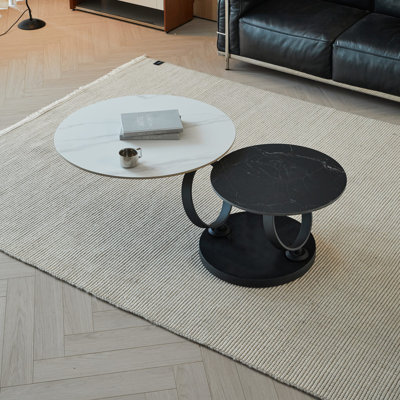 Tables basses rondes imbriquées - Plateau en faux marbre blanc et noir avec structure en métal noir robuste, ensemble de tables basses de salon peu encombrantes pour le côté canapé, appartement et décoration intérieure