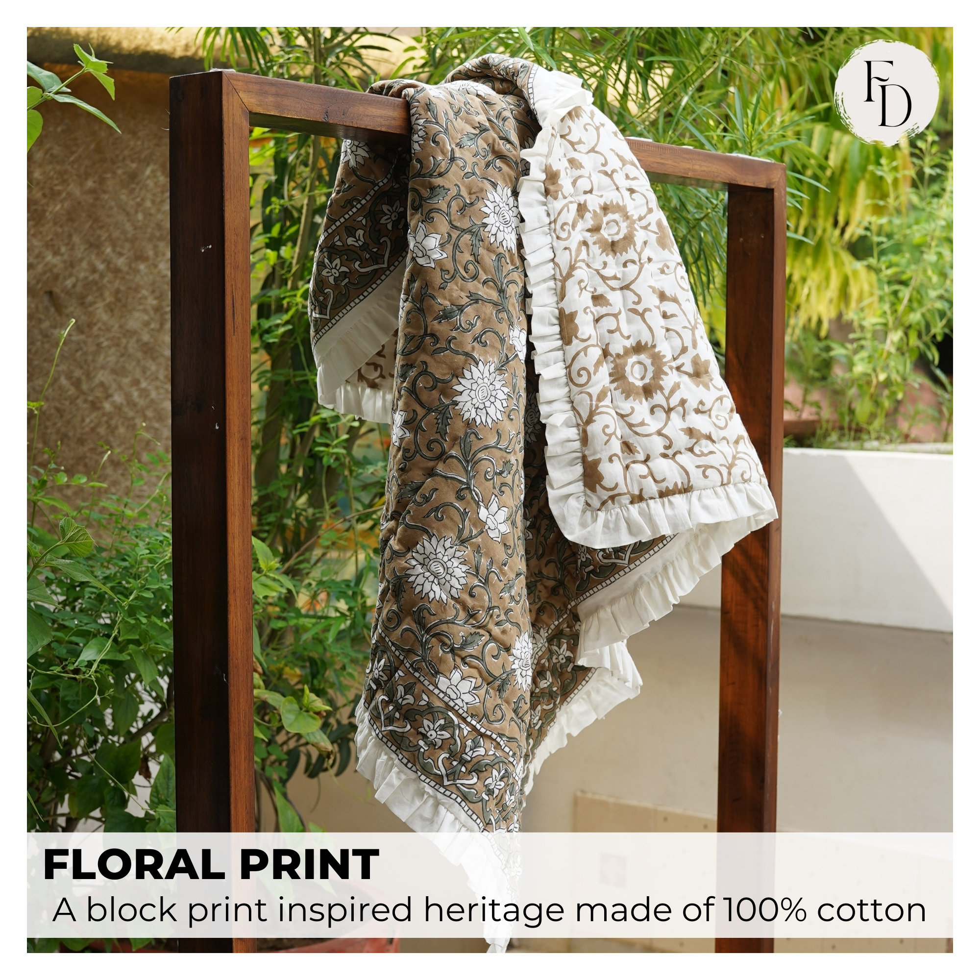 Fabdivine Luxury Block Print Cotton Quilt Floral Boho Bedding for Bedroom & Sofa, King Us, White/Yellow