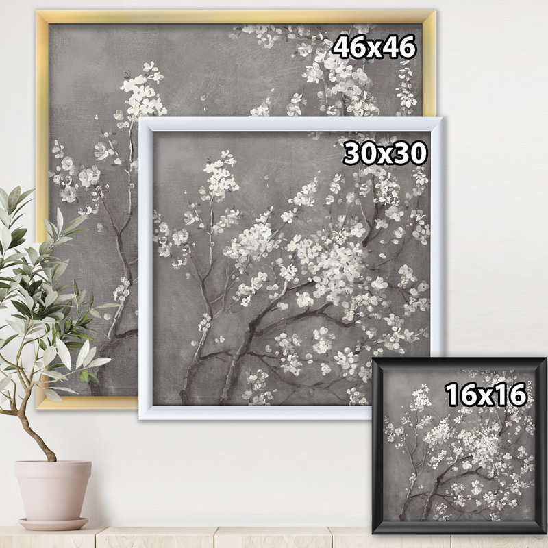 «White Cherry Blossoms I», reproduction d'art sur toile, Cadre blanc, H 16 po x l 16 po x P 1 po