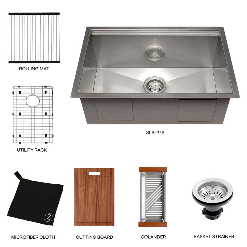 ZLINE 27" Garmisch Undermount Single Bowl Fingerprint Resistant Stainless Steel Kitchen Sink with Bottom Grid and Accessories