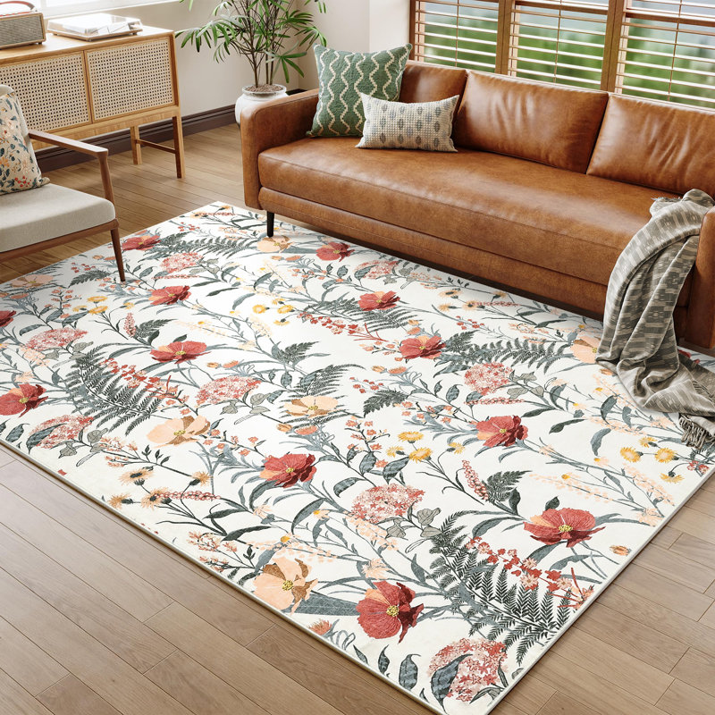 Modern Area Rugs Flower Accent CarpetNon-Slip Area Rug Farmhouse Throw Rugs for BedroomLiving RoomOffice, Beige