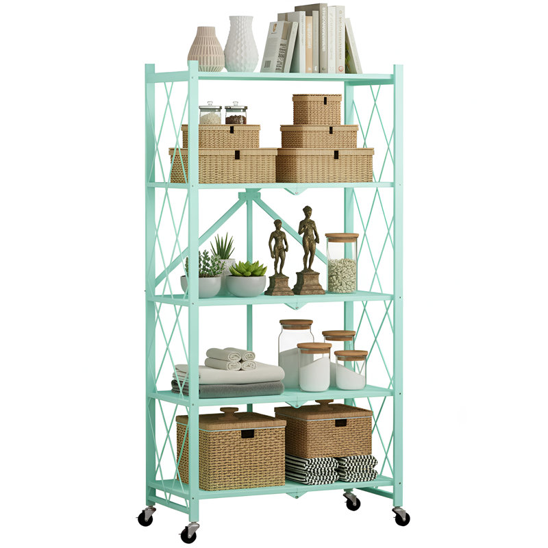  Foldable Shelves with Wheels, 5-Shelf Folding Metal Rack Organizer for Kitchen Garage Basement, Large Capacity Rolling Storage Shelf, Easy Fold & Roll, Pink