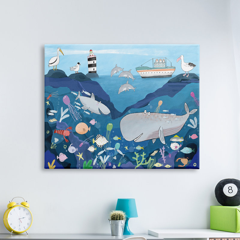 Illustration d'un enfant sous-marin, requin-baleine - peinture, H 36 po x l 48 po, Toile tendue