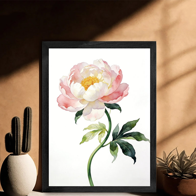 Art encadré noir, Saint-Valentin - Fleurs de pivoines roses, aquarelle, H 11 po x l 9 po