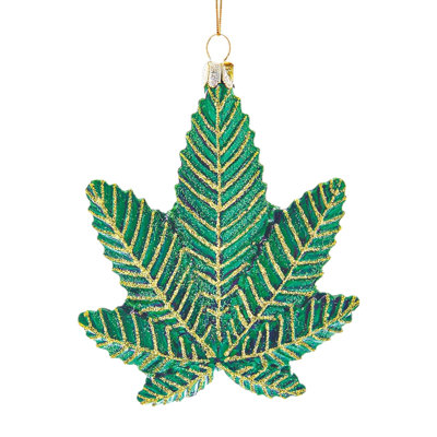 Kurt Adler Glass Ornament for Christmas Tree, Cannabis Leaf